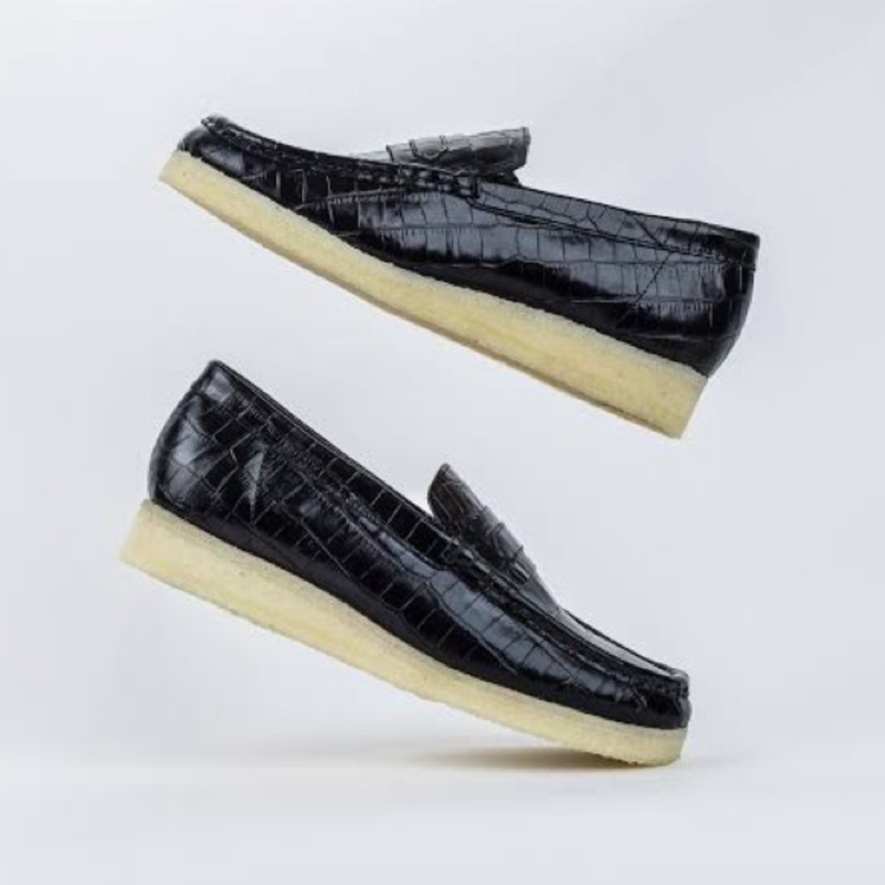 Clarks Black Croc-Embossed Leather Loafers with Cream Crepe Soles